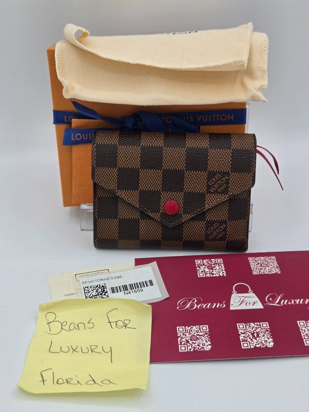Louis Vuitton Victorine Wallet โ Damier Ebene | Cherry Interior | Pre-Owned - Picture 2 of 16